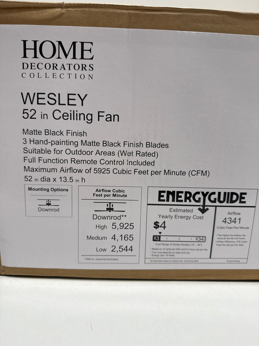 Wesley 52 in. Indoor/Outdoor DC Motor Ceiling Fan in Black with Remote Control