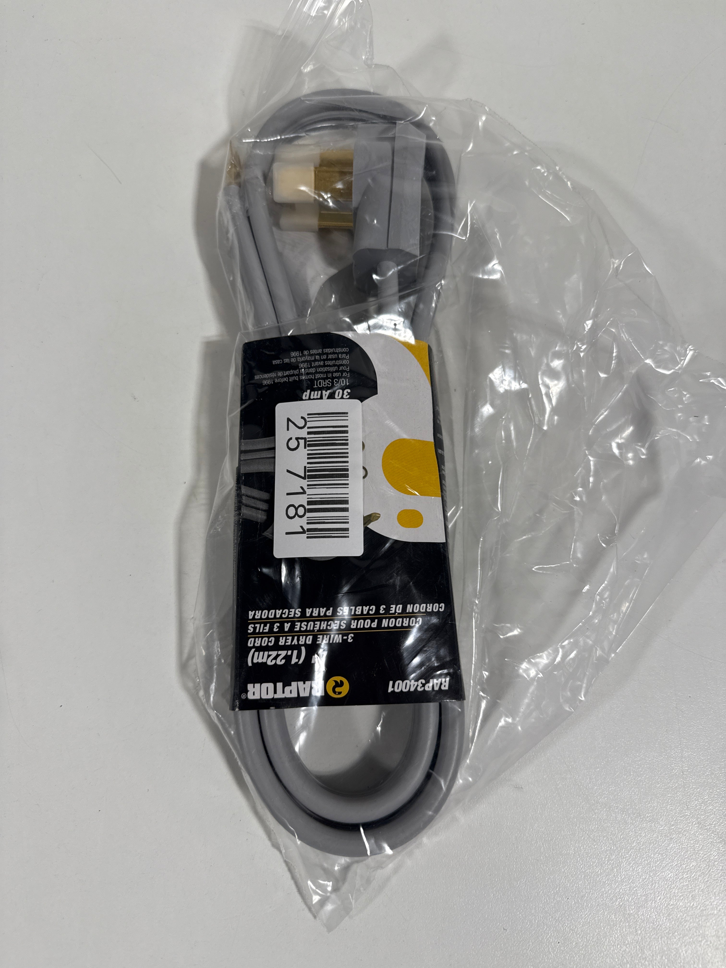 Raptor Tools RAP34001 30 Amp 4 Ft. 10/3 SRDT 125/250V Dryer Cord Grey Laundry - *Kitchen Appliances