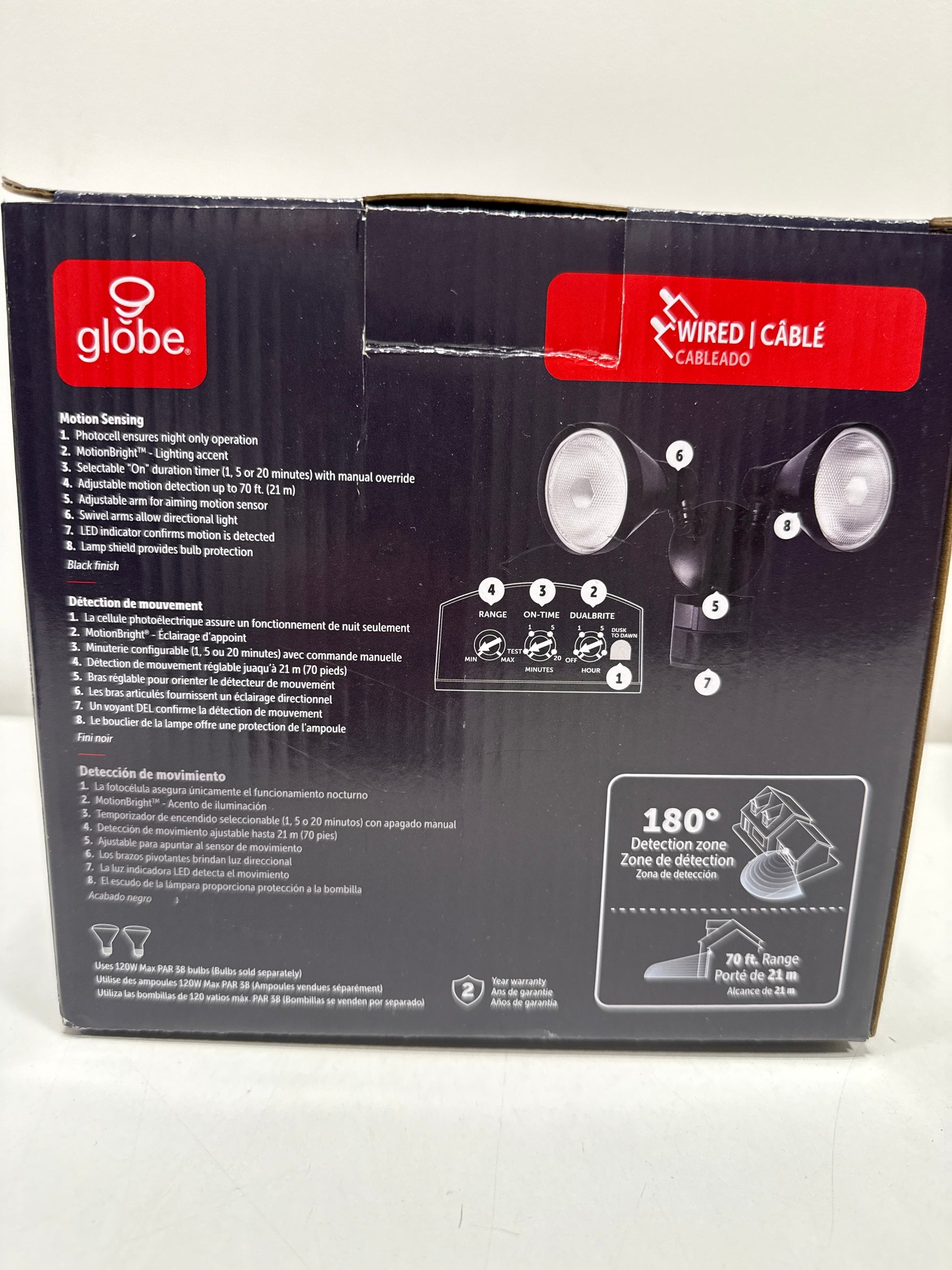Globe Electric 17000140 180-Degree 240 W Twin Head Black Hardwired Motion Sensor Security Flood Light with MotionBright