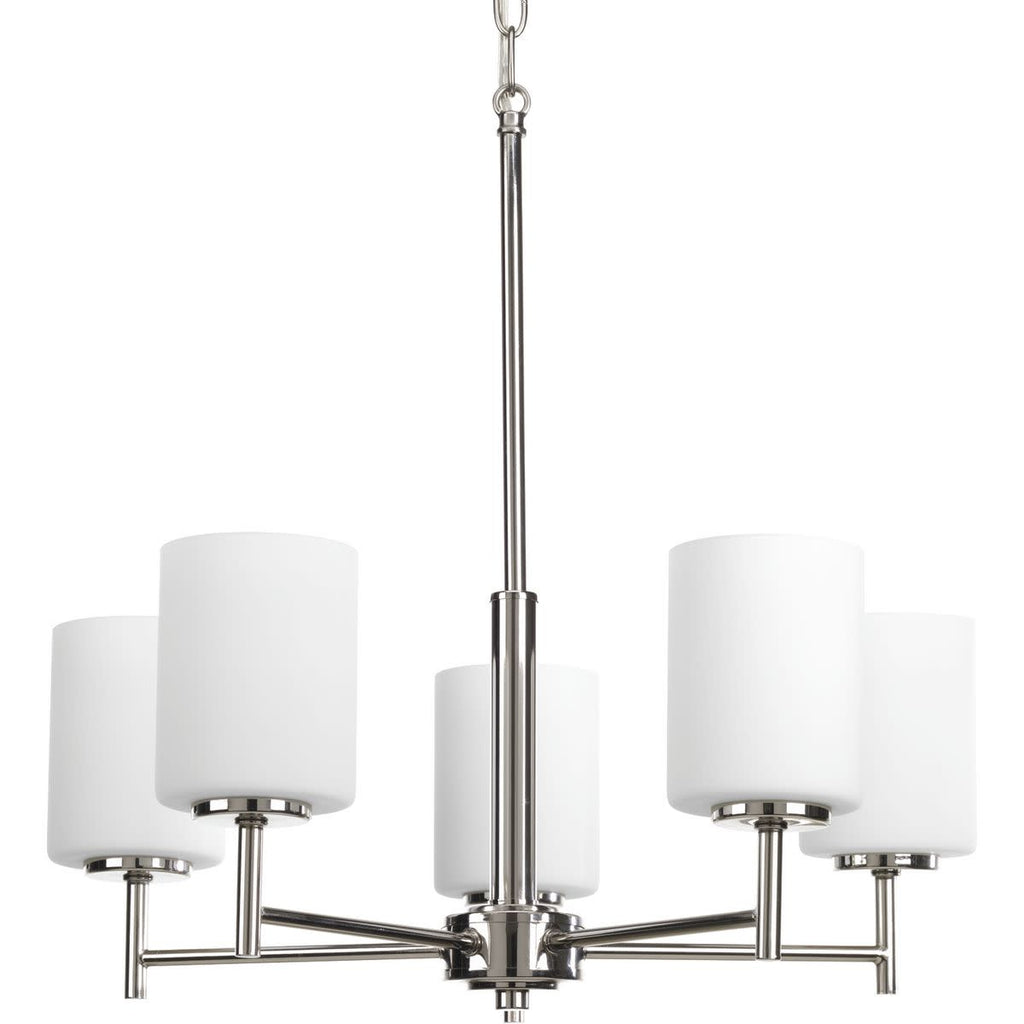 Progress Lighting P4319-104 Replay Collection Etched White Glass Modern Chandelier Light, 5-Light, Polished Nickel