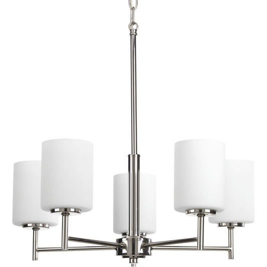 Progress Lighting P4319-104 Replay Collection Etched White Glass Modern Chandelier Light, 5-Light, Polished Nickel