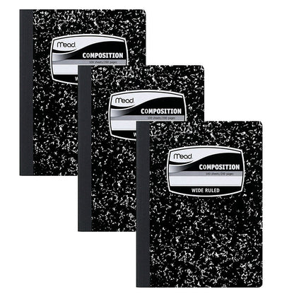 Mead Composition Notebooks Two - 3 Pack Wide Ruled Paper 9-3/4" X 7-1/2" 100 Sheets per Comp Book Black Marble