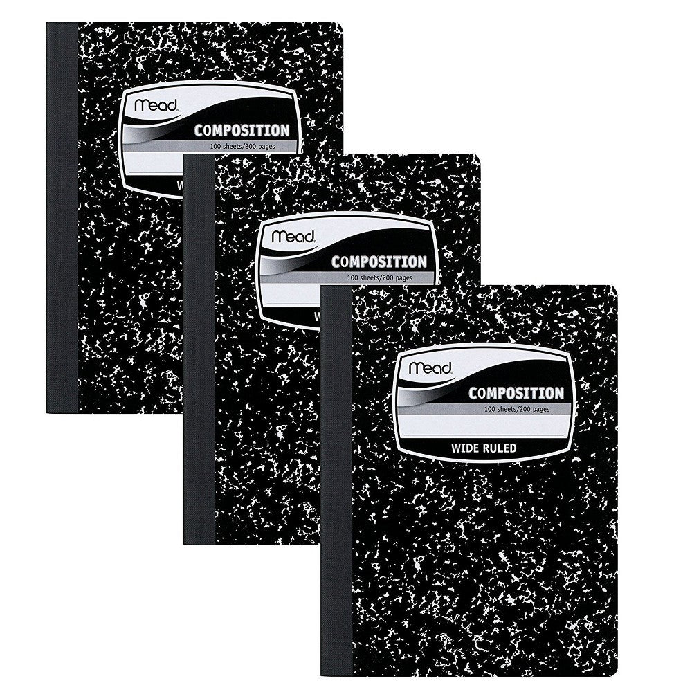 Mead Composition Notebooks 3 Pack Wide Ruled Paper 9-3/4" X 7-1/2" 100 Sheets per Comp Book Black Marble