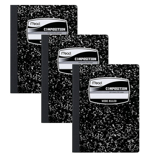 Mead Composition Notebooks 3 Pack Wide Ruled Paper 9-3/4" X 7-1/2" 100 Sheets per Comp Book Black Marble