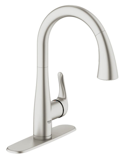 Grohe 30 211 1 Elberon Single Handle Single Hole Pull-Down Kitchen Faucet with SilkMove Cartridge & Locking Dual Spray Control - Includes Escutcheon