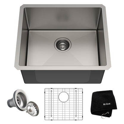 Kraus Standart PRO 21" Undermount Single Basin Stainless Steel Kitchen Sink - Includes Drain Assembly, Bottom Grid, and Kitchen Towel