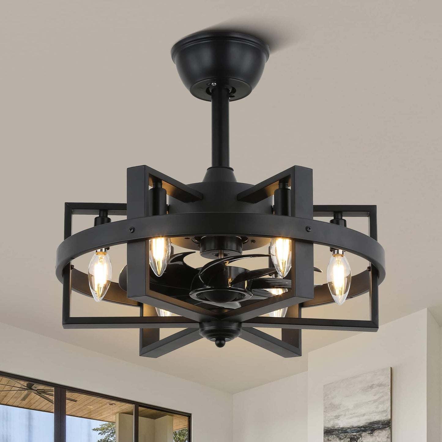 Bella Depot Vintlume 18 in. Indoor Matte Black Metal Caged Ceiling Fan with Light and Remote, Reversible Fandelier