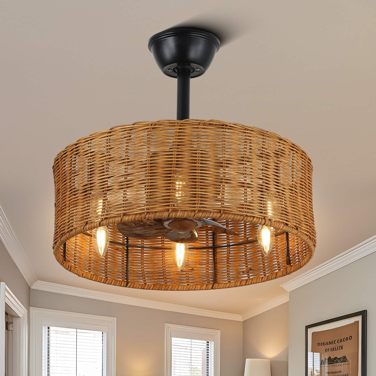 Oaks Aura 20in.Rattan Wicker Scandi-Style Silent 3- Speed Ceiling Fan with Lights, Zen Conception Ceiling Fan with Remote