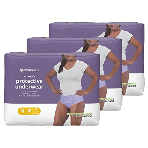 Amazon Basics Incontinence & Postpartum Underwear for Women, Maximum Absorbency, Medium (60 Count)