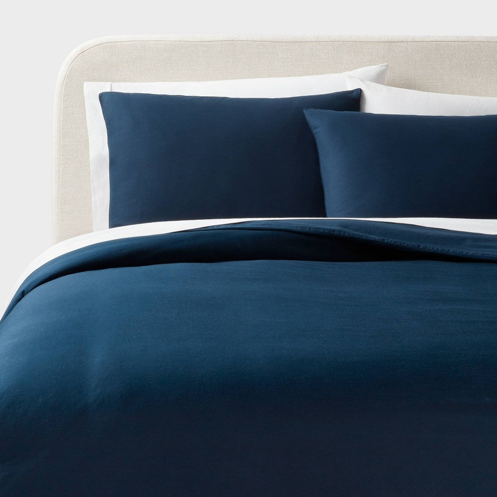 Full/Queen Washed Cotton Sateen Duvet Cover and Sham Set Dark Navy - Threshold™: 250 Thread Count OEKO-TEX Certified