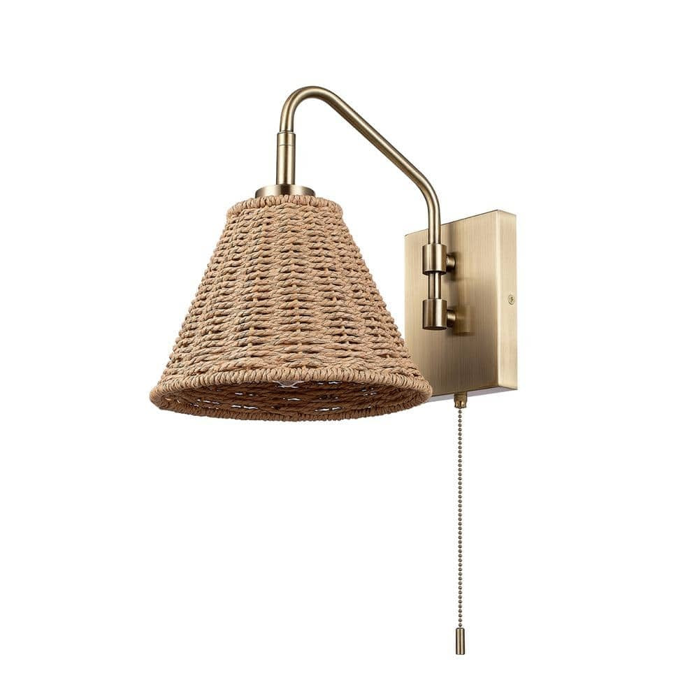 Novogratz 8.5 in. 1-Light Matte Brass Finish Wall Sconce with Rattan Wood Shade