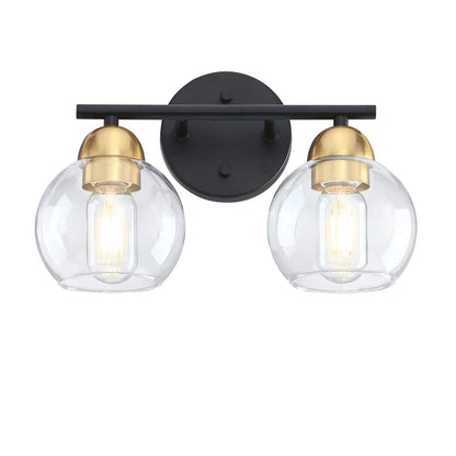Uixe 13.33 in. 2-Light Matte Black Plus Brass Bathroom Vanity Light with Clear Glass Shades