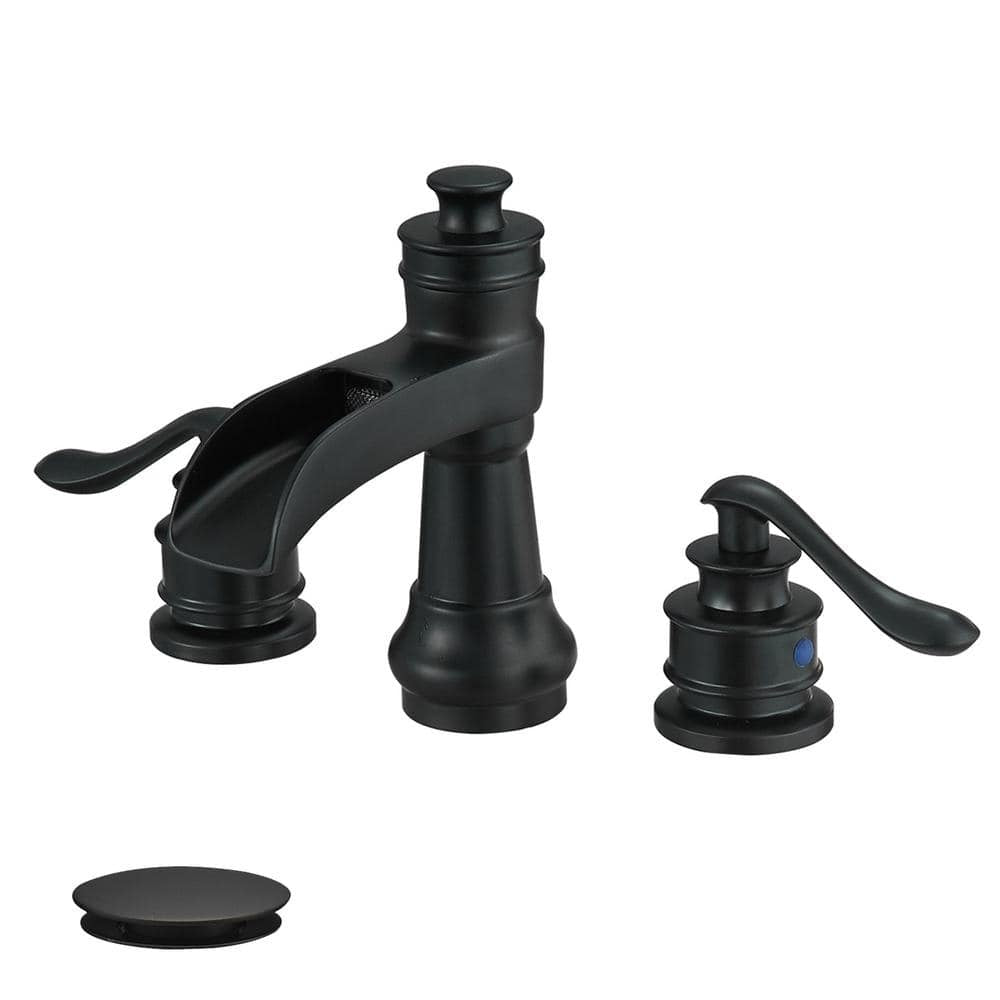 HOMEMYSTIQUE 8 in. Widespread Double-Handle Waterfall Spout Bathroom Faucet with Pop-up Drain Low-Arc in Matte Black (Valve Included)