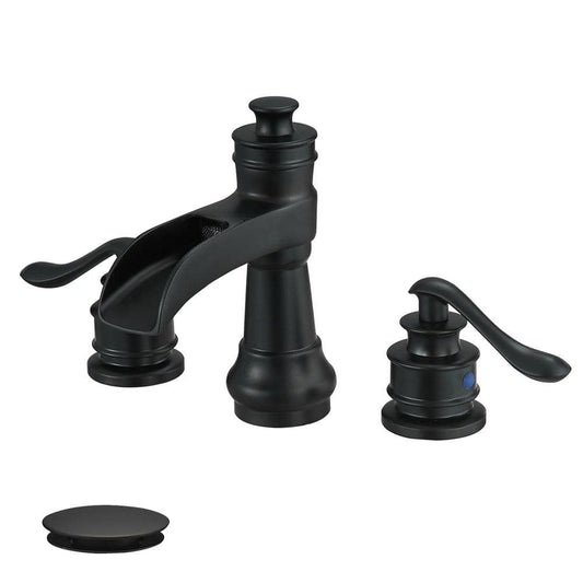 HOMEMYSTIQUE 8 in. Widespread Double-Handle Waterfall Spout Bathroom Faucet with Pop-up Drain Low-Arc in Matte Black (Valve Included)