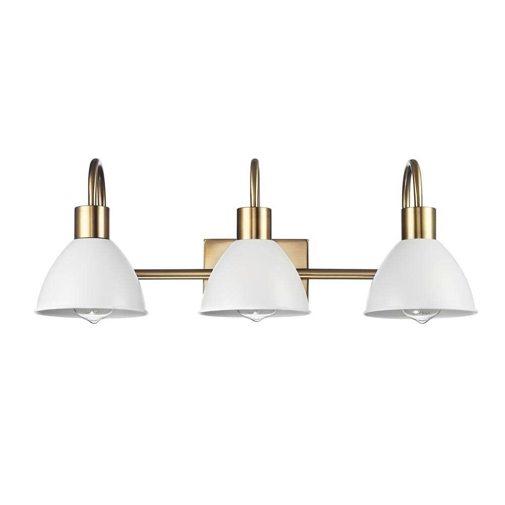 Globe Ivy 24 in. 3-Light Matte Brass Vanity Light with Matte White Metal Shades Vanity Light