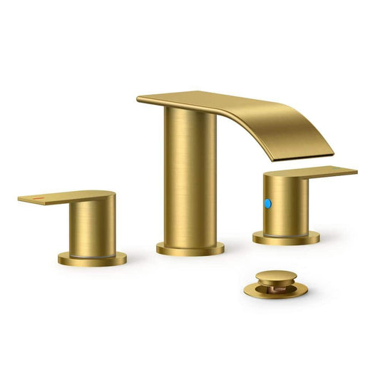 Androme 8 in. Widespread Double Handle Bathroom Faucet with Metal Drain in Gold