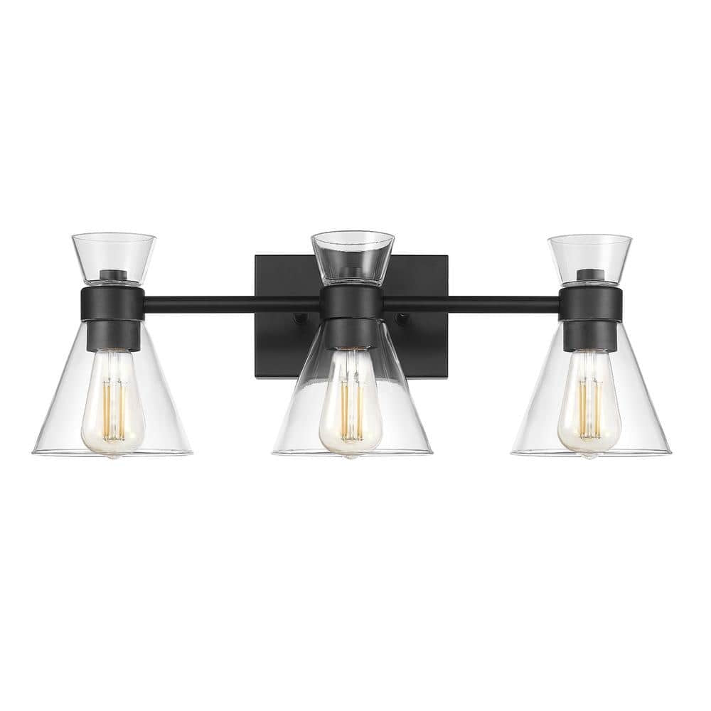Bailey 23.5 in. 3-Light Matte Black Vanity Light with Clear Glass Shades for Bathroom or Bedroom