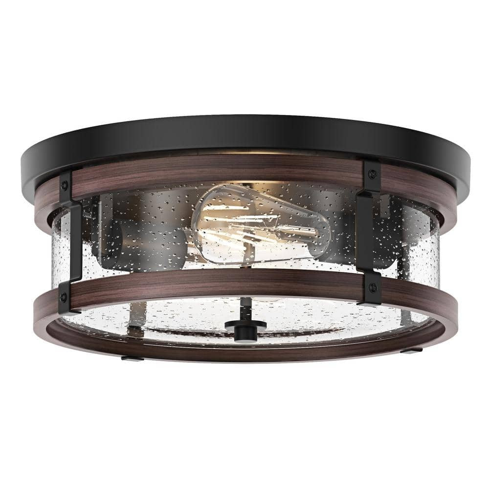 Aiwen Modern 13.77 in. 2-Light Black Flush Mount Industrial Close to Ceiling Light with Seeded Glass Shade