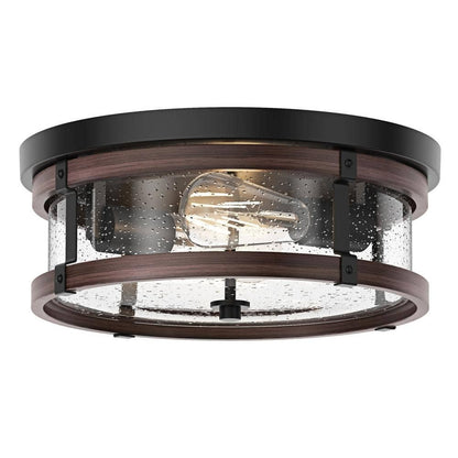 Aiwen Modern 13.77 in. 2-Light Black Flush Mount Industrial Close to Ceiling Light with Seeded Glass Shade