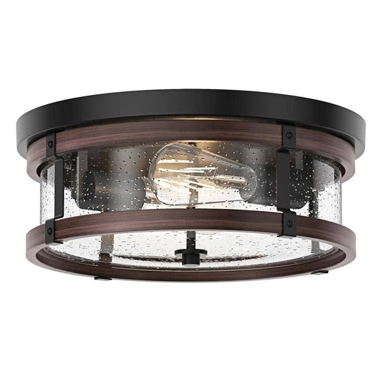 Aiwen Modern 13.77 in. 2-Light Black Flush Mount Industrial Close to Ceiling Light with Seeded Glass Shade