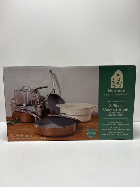 Bloomhouse 8 Piece Triply Stainless Steel Pots and Pans Cookware Set W/Non Toxic Pro Ceramic Non Stick Interior