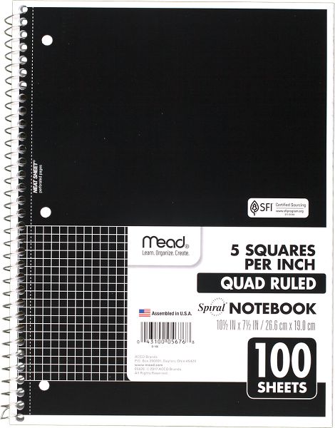 Mead Spiral Notebook, 1 Subject, Graph Ruled Paper, 7-1/2" x 10-1/2", 100 Sheets