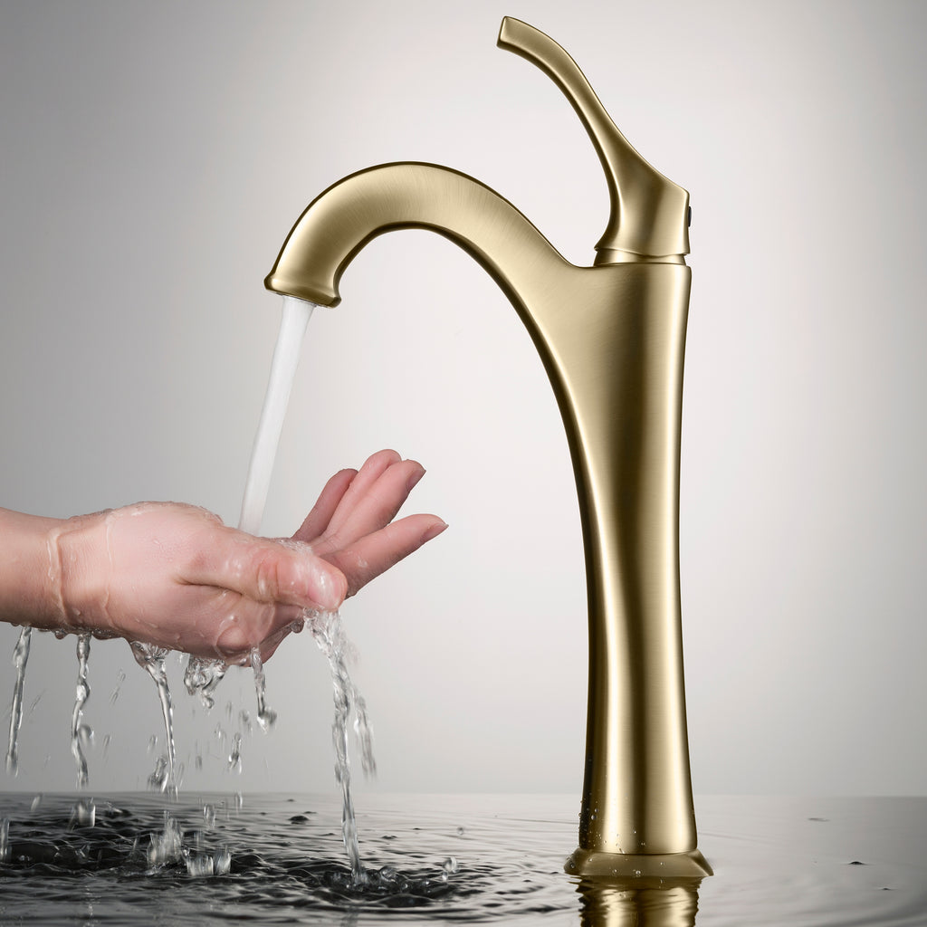 Kraus KVF-1200 Arlo 1.2 GPM Deck Mounted Bathroom Faucet with Pop-up Drain Brushed Gold Faucet Bathroom Sink Faucets Single Handle