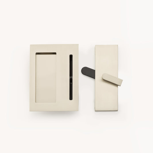 Emtek 222202 Modern Rectangular Surface Jamb Mounted Privacy Lock with Flush Pull and Integrated Strike for Barn Doors Satin Nickel