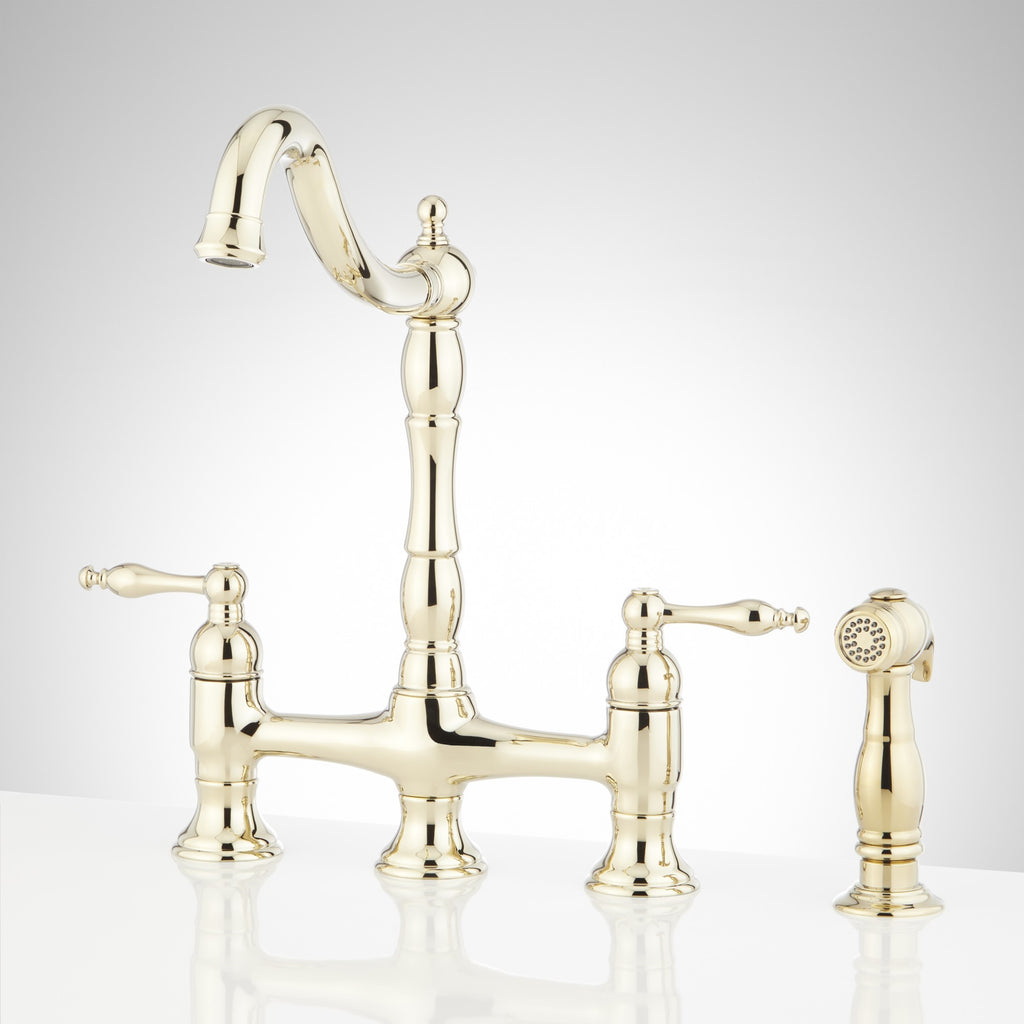 Signature Hardware 954037 Delacour 1.75 GPM Double Handle Bridge Kitchen Faucet with Side Spray Polished Brass Faucet Kitchen Double Handle