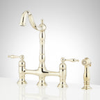 Signature Hardware 954037 Delacour 1.75 GPM Double Handle Bridge Kitchen Faucet with Side Spray Polished Brass Faucet Kitchen Double Handle