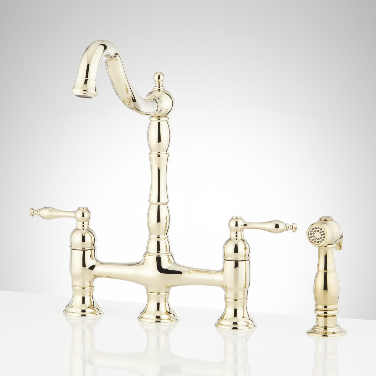 Signature Hardware 954037 Delacour 1.75 GPM Double Handle Bridge Kitchen Faucet with Side Spray Polished Brass Faucet Kitchen Double Handle