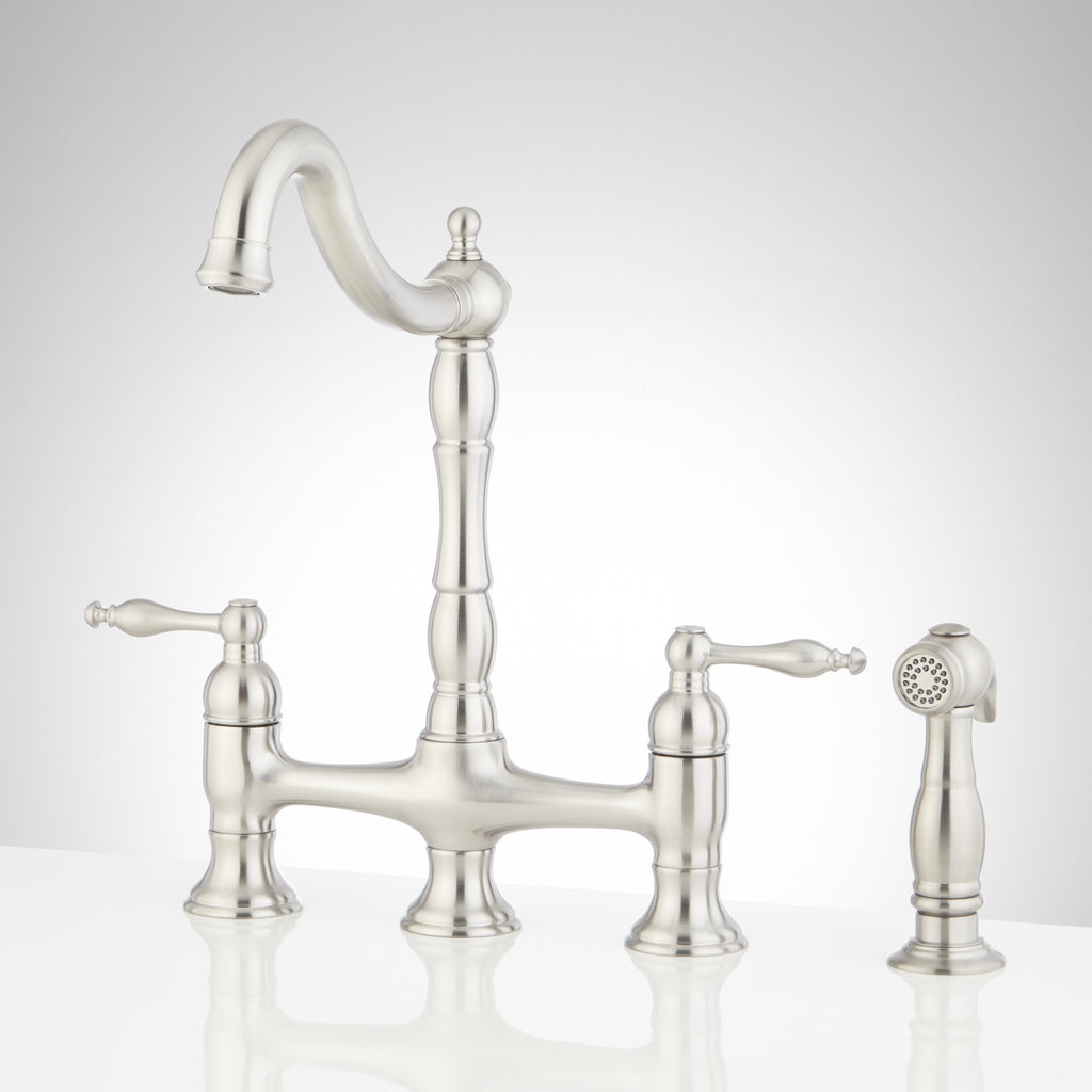Signature Hardware 954037 Delacour 1.75 GPM Double Handle Bridge Kitchen Faucet with Side Spray Stainless Steel