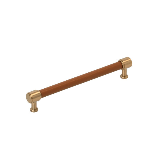 Signature Hardware 954069-7916 Lazzara 7-9/16 Inch Center to Center Cognac Leather Bar Cabinet Pull Brushed Gold