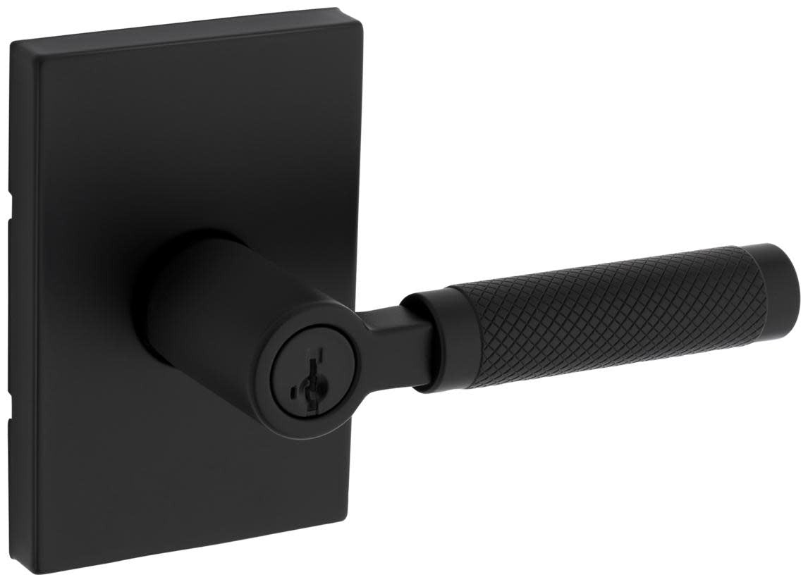 Kwikset 740PVLRCT-S Prava Single Cylinder Keyed Entry Lever Set with Knurled Handle and Rectangle Rose Featuring SmartKey Matte Black