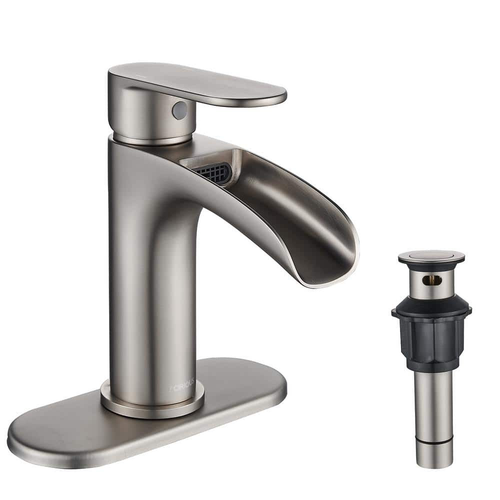 Waterfall Single Hole Single Handle Bathroom Faucet with Metal Pop-up Drain, Bathroom Sink Faucet in Brushed Nickel