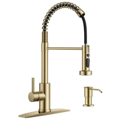 ANZA Single Handle Pull Down Sprayer Kitchen Faucet High Arch Kitchen Sink Faucet with Soap Dispenser in Gold