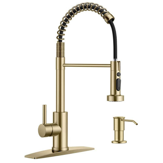ANZA Single Handle Pull Down Sprayer Kitchen Faucet High Arch Kitchen Sink Faucet with Soap Dispenser in Gold
