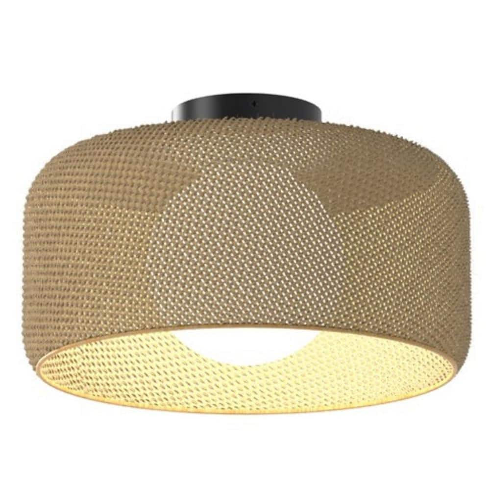 Emiko 15 in. 1 Light Black and Rattan 5CCT Integrated Selectable LED Flush Mount Ceiling Light