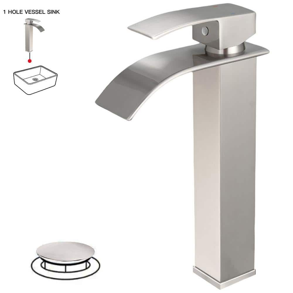 BWE Waterfall Single Hole Single Handle Tall Bathroom Vessel Sink Faucet with Supply Hose in Brushed Nickel