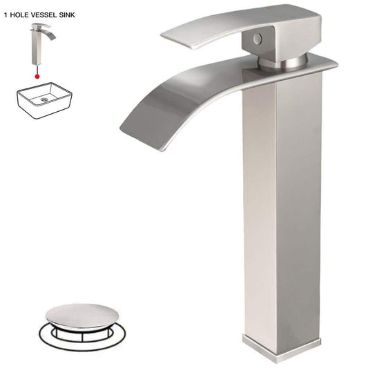 BWE Waterfall Single Hole Single Handle Tall Bathroom Vessel Sink Faucet with Supply Hose in Brushed Nickel