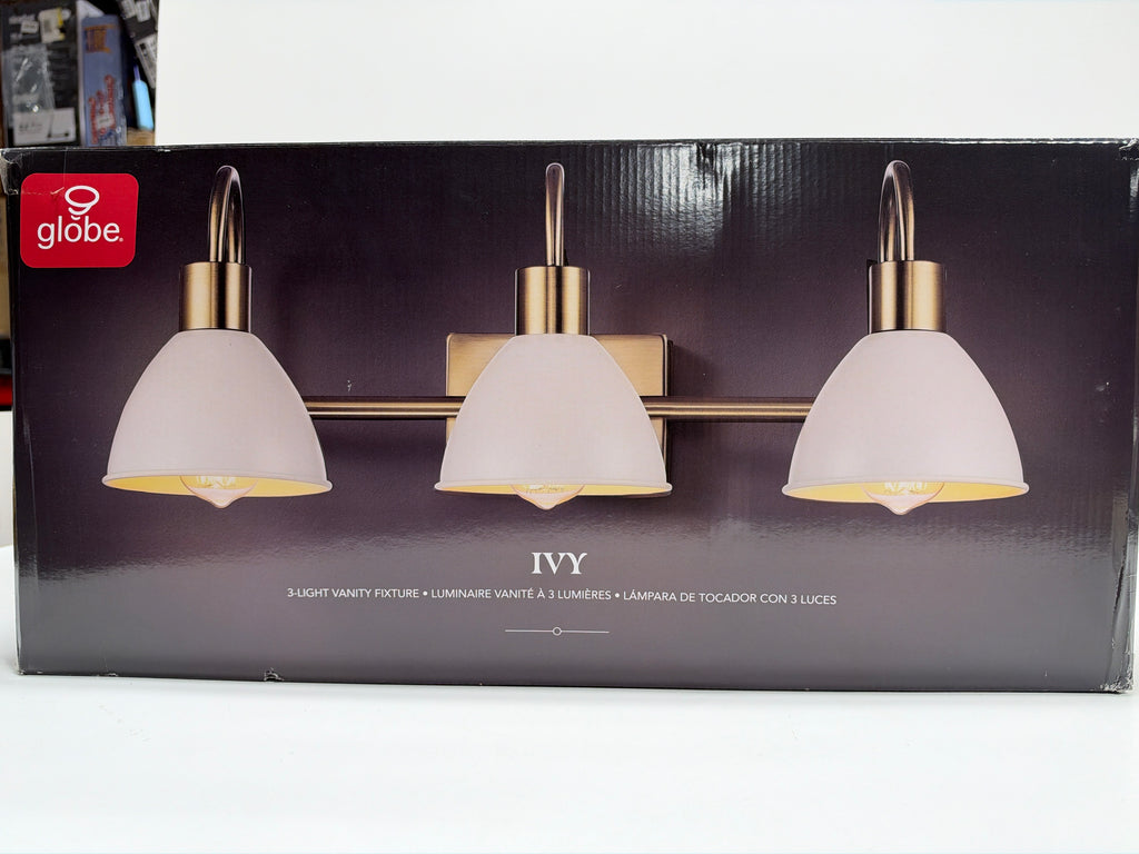 Globe Ivy 24 in. 3-Light Matte Brass Vanity Light with Matte White Metal Shades Vanity Light