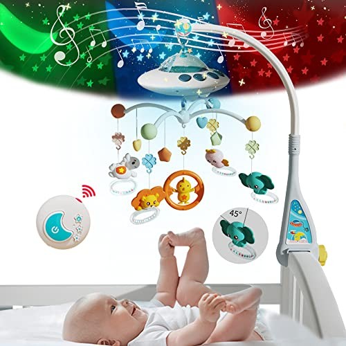 Lcasio Baby Musical Crib Mobile with Night Lights and Relaxing Music,Hanging Rotating Animals Rattles,Stars