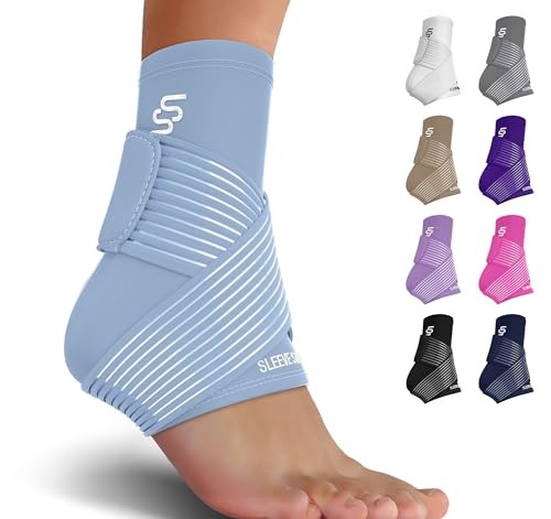 Sleeve Stars Ankle Brace for Sprained Ankle, Plantar Fasciitis Relief Ankle Support for Women, Ankle Compression Sleeve W/ Strap (Single/Light Blue)