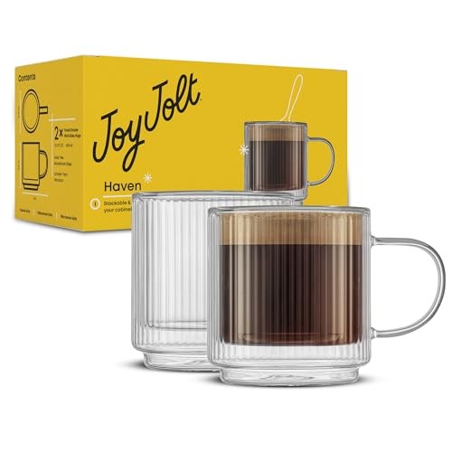 JoyJolt Haven Fluted Stackable Double Wall Glass Mugs, Set of 5 - Clear