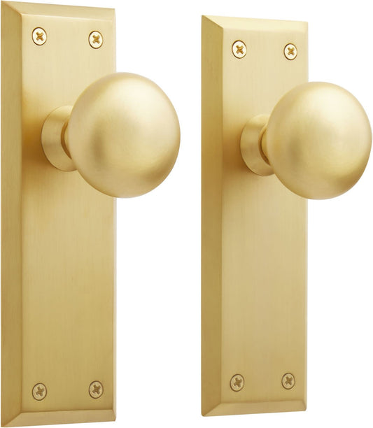 Signature Hardware 953546-PA Hubbard Solid Brass Passage Door Knob Set with Adjustable 2-3/8" or 2-3/4" Backset Satin Brass