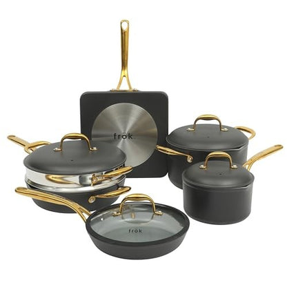 Frok 10 Piece Pots and Pans 4MM Thick Quick Heat Aluminum Cookware Set W/Premium PFA Free Ceramic Nonstick Interior Heat Resistant Exterior - Inductio