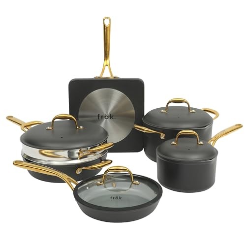 Frok 10 Piece Pots and Pans 4MM Thick Quick Heat Aluminum Cookware Set W/Premium PFA Free Ceramic Nonstick Interior Heat Resistant Exterior - Inductio