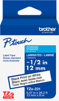Brother - P-touch TZe-231, Black Print on White Laminated Label Tape, ~1/2in x 26.2ft (12mm x 8m), for Select P-touch Label Makers - Black on White