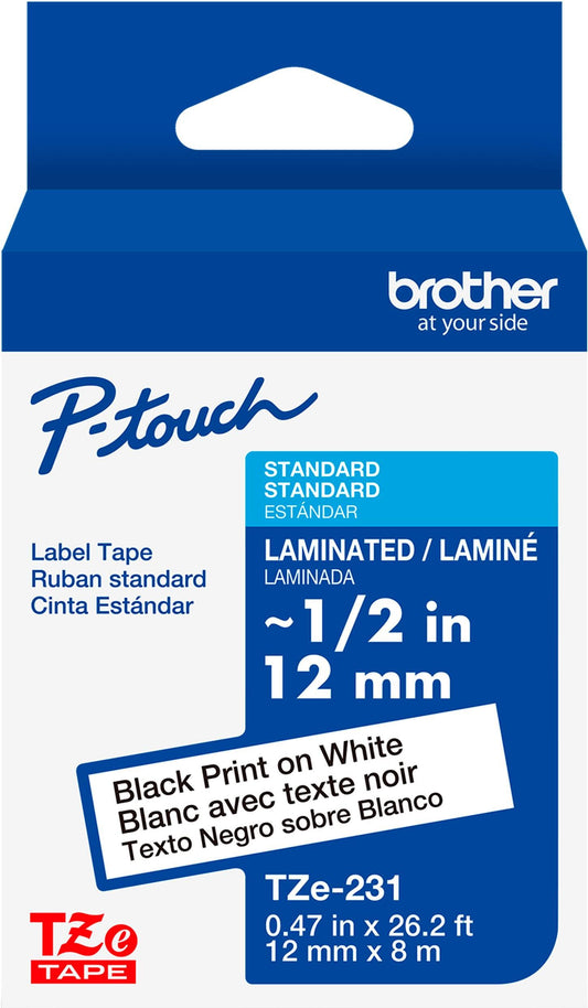 Brother - P-touch TZe-231, Black Print on White Laminated Label Tape, ~1/2in x 26.2ft (12mm x 8m), for Select P-touch Label Makers - Black on White