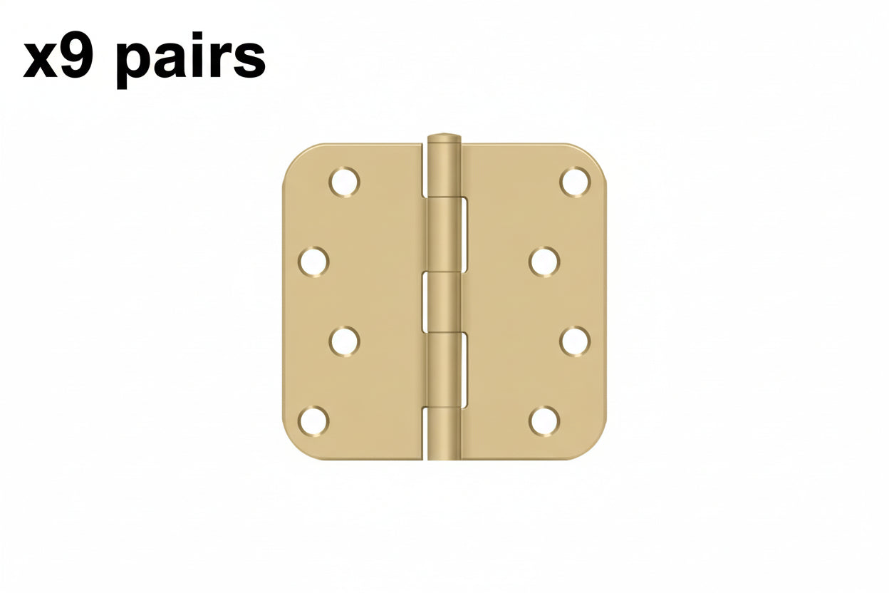 9 pairs Deltana S44R5 4" X 4" Plain Bearing 5/8" Radius Corners Mortise Hinge - Pair Brushed Brass Door Hinge Plain Bearing